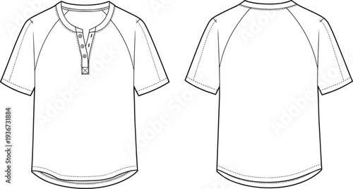 Henley t-shirt fashion flat, short sleeve shirt, technical sketch, sewing pattern, vector apparel design, garment drawing template