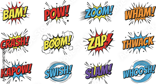Comic book sound effects collection with colorful pop art explosion text including bam pow zoom crash zap vector illustration set