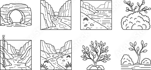 Collection of minimalist line art icons depicting natural landscapes and vegetation
