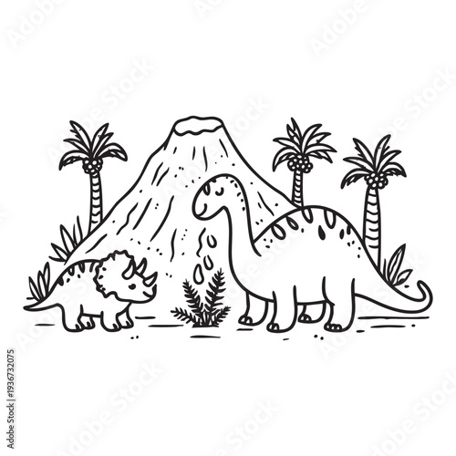 Cute cartoon dinosaur vector illustration with a Brontosaurus and Triceratops in a prehistoric landscape featuring a volcano and palm trees, perfect for children's designs and coloring books.