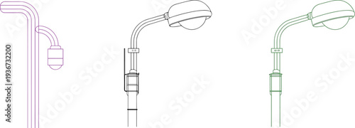 Street light pole line art illustration, urban streetlamp lighting fixture design, outdoor city lighting infrastructure, modern lamp post vector outline set