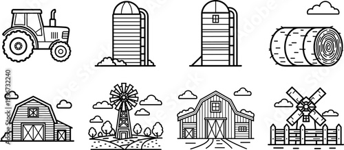 Collection of farm icons including tractor, barn, silo, windmill, and hay bale