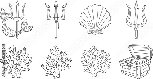 Collection of marine life and mythical symbols in a simple line art style
