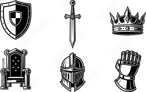 Medieval royal symbols including crown, sword, shield, throne, helmet, and gauntlet