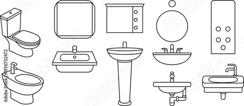 Bathroom sanitary fixtures line art icon set, toilet sink bidet mirror furniture collection, modern restroom equipment outline vector illustration pack