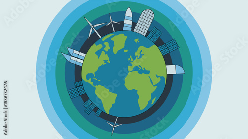 Sustainable earth with renewable energy sources and eco friendly buildings surrounding globe in circular frame