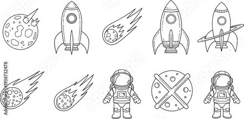 Collection of simple line art space icons including rockets, astronauts, planets, and comets
