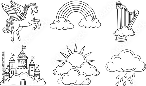 Collection of fantasy and weather icons including a pegasus, rainbow, harp, castle, sun, and rain