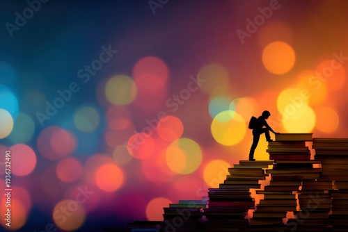 Person ascending book stairs toward education