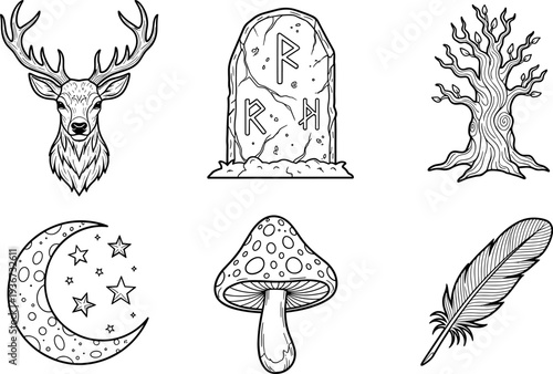 Collection of mystical and natural elements including a deer, tombstone, tree, moon, mushroom, and feather