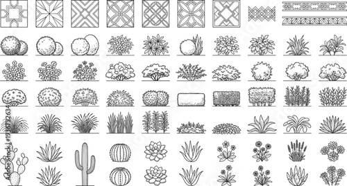 Landscape design elements collection, plants shrubs flowers cacti and paving patterns, detailed garden planning symbols for landscape architecture illustration