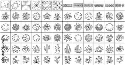 Landscape design elements set, top view plants trees flowers and paving patterns, detailed garden planning symbols for landscape architecture illustration