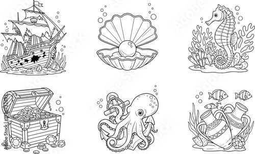 Collection of underwater treasures and marine life illustrations in a cartoon style