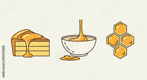 Illustration of honey pouring into a bowl beside a honeycomb and honey drizzled on a layered cake
