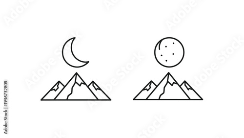 Simple line art illustration of mountains with moon and full moon