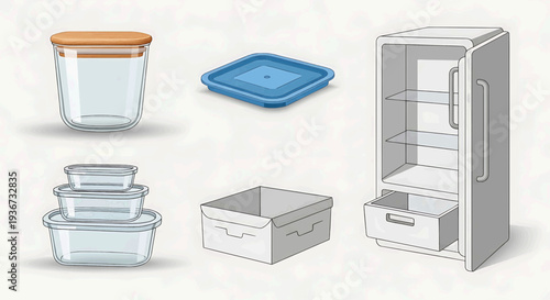 Illustration of kitchen storage containers and refrigerator with various compartments and drawers displayed