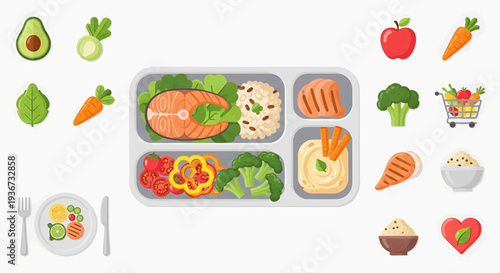 Healthy meal prep with balanced nutrition and various food icons surrounding a lunchbox containing salmon, vegetables, and desserts from a top-down view