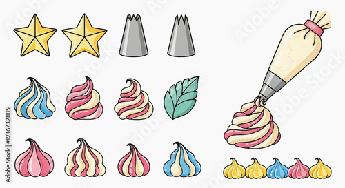 Decorating cake with colorful icing and pastry bag, various tips and decorations, sweet treats, bakery, culinary art