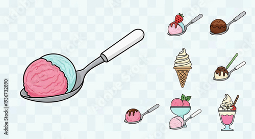 Assorted ice cream illustrations in various forms and flavors displayed in a graphic design