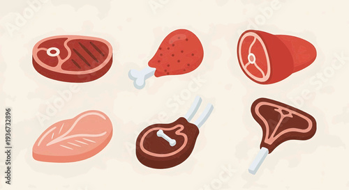 Assorted raw meat cuts displayed on a neutral background from various viewpoints, showcasing different cuts and presentation styles