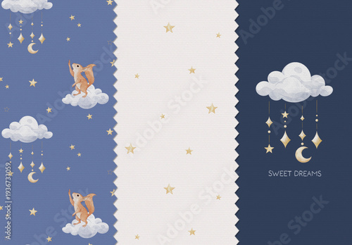 Watercolor night sky seamless pattern set with cute squirrel on clouds, editable psdt template. Moon and stars nursery wallpaper background with isolated illustration element