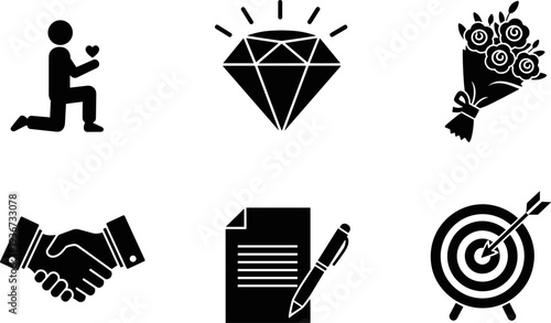 Set of icons representing proposal, diamond, flowers, handshake, contract, and target