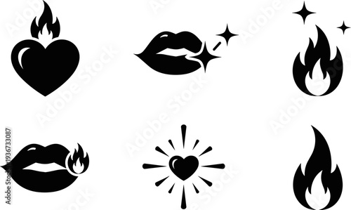 Collection of hot and sparkling icons: heart on fire, lips with stars, and flames