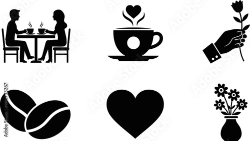 Romantic coffee date icons with hearts, flowers, and coffee beans