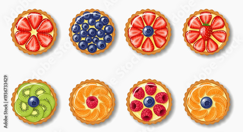 A colorful arrangement of eight fruit tarts on a surface