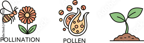 Bee pollinating flower, pollen grains, and seedling growing from soil icons