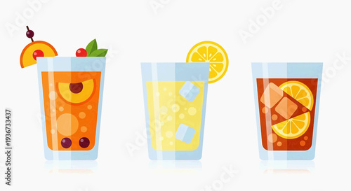 Three glasses of colorful drinks with fruits and ice cubes on a table indoors
