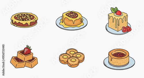 Assorted desserts are displayed on plates and trays indoors.