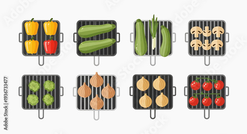Variety of vegetables and meat are grilled on multiple barbecue grills outdoors.