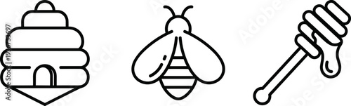 Simple line art icons of a beehive, bee, and honey dipper on a white background
