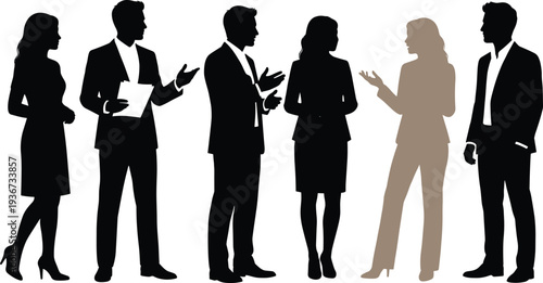 business people discussion silhouette set, corporate team conversation meeting professionals standing communication office vector illustration collection