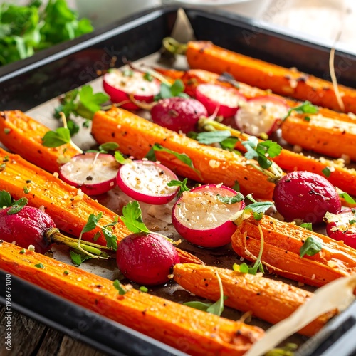 Roasted carrots and radishes on a baking sheet with microgreens