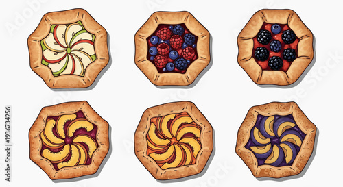 Assorted fruit pies with different fillings and designs, displayed on a clean white background from a direct viewpoint