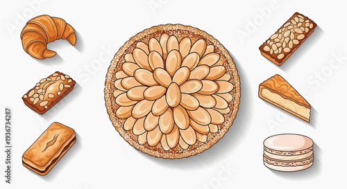 A beautifully decorated pie surrounded by assorted pastries on a clean white surface viewed from directly above.