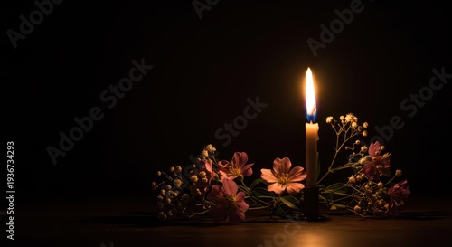 A single bright candle flame illuminating a delicate fresh flower arrangement against a dark, dramatic background, wax, darkness, anniversary