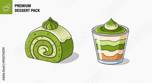Illustration of green desserts, cake and parfait, premium dessert pack, isolated on transparent background from top view