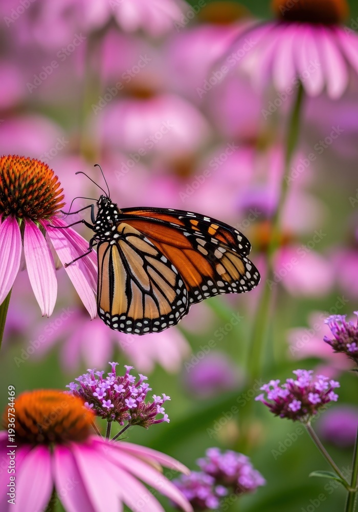 Obraz premium A vibrant monarch butterfly with striking orange and black wings carefully feeds on nectar from bright pink and purple wildflowers in a sunny summer garden, transformation, ecosystem, butterfly