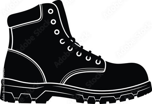 Black silhouette of rugged work boot with treaded sole, reinforced stitching, high ankle design, symbolizing construction, hiking, outdoor activity, and protective footwear concepts.