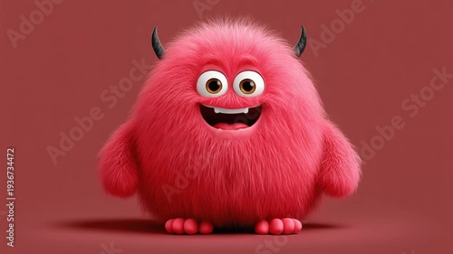 Cartoon monster with horns and smiling face against red background