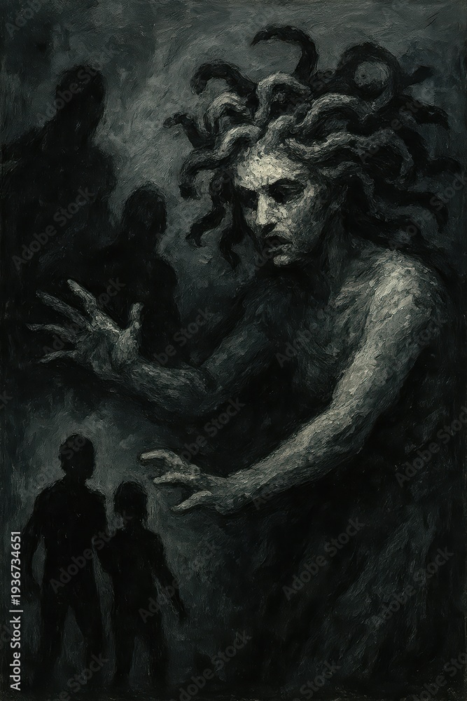 Fototapeta premium Distressed Medusa Gorgon Reaching Out Toward Silhouettes In Dark Painting