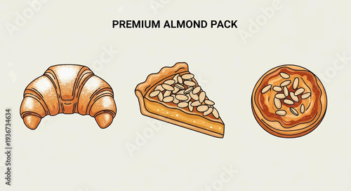 Assorted baked goods including croissant, pie, and tart displayed together in a simple graphic illustration