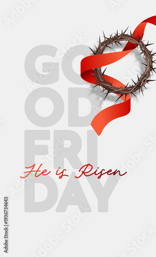 Good Friday Christian Poster with Crown of Thorns and Red Ribbon Symbol of Jesus Sacrifice