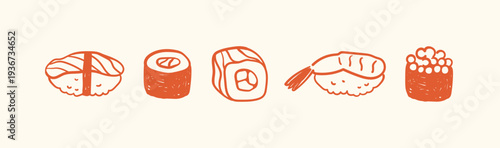 Set of rolls and sushi with salmon, shrimp, and caviar on a white background; traditional Japanese dish, Asian cuisine; drawing, simple cute vector illustration, hand-drawn in a flat style