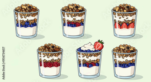 Six glasses of layered dessert with yogurt, fruits, and granola arranged in a staggered pattern on a light surface