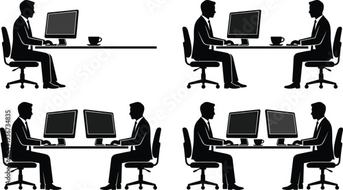 businessman working at computer desk silhouette set, office worker workplace meeting discussion corporate business vector illustration collection