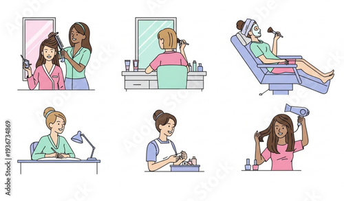 Women in Beauty Salon Vector Collection with Hair Styling and Makeup Routine